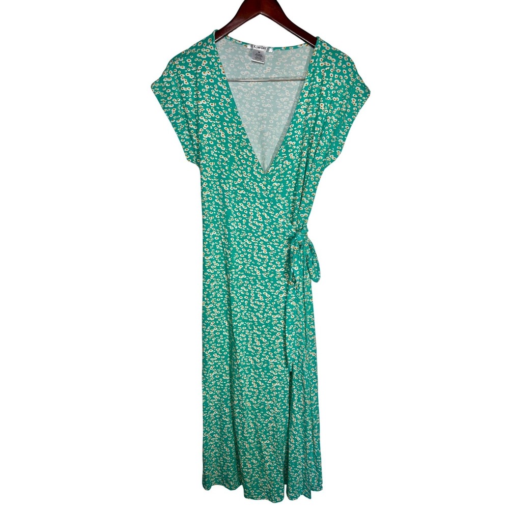 K Jordan Wrap Dress Women M Green Ditsy Daisy Floral Cap Sleeve Midi Cottagecore